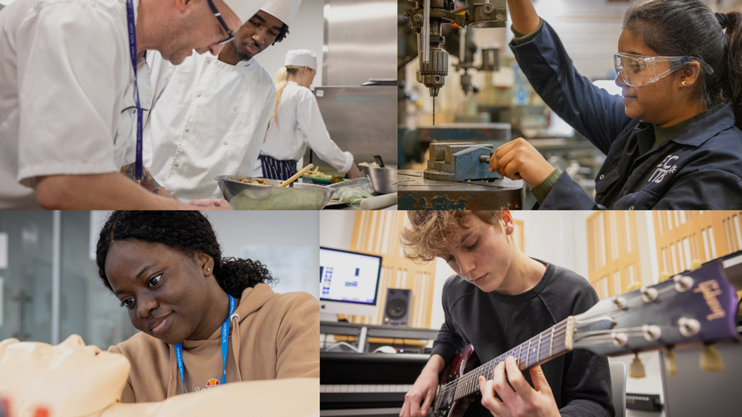 four picture collage including chef teacher and student, female engineering using drill, female with annie doll and male playing guitar