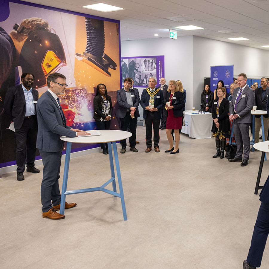 Principal Gavin Hughes speaks at the STEM Centre launch - Guests from education, industry, the GLA, and local government (including the Mayor of Richmond, Cllr Richard Pyne and Ayo Akende, Assistant Director of Skills and Employment - Delivery, GLA), joined a vibrant opening event to explore the inspiring new space. 