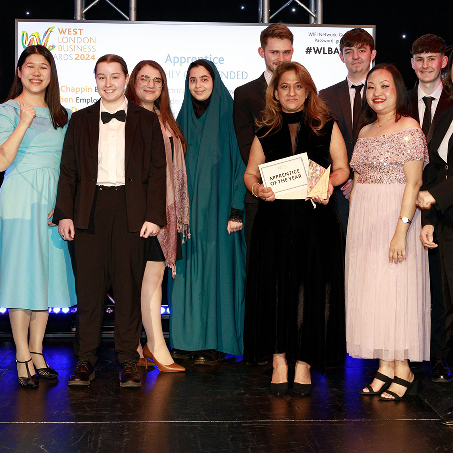 2024 West London Business Awards Apprentice of the Year Category - group shot and smiling at the camera.