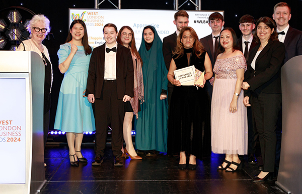 2024 West London Business Awards Apprentice of the Year Category - group shot and smiling at the camera.