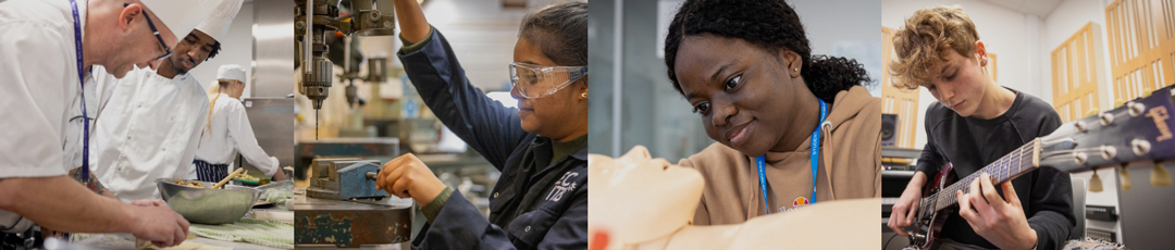 four picture collage including chef teacher and student, female engineering using drill, female with annie doll and male playing guitar