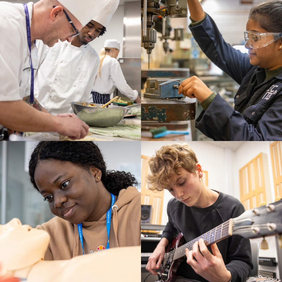 four picture collage including chef teacher and student, female engineering using drill, female with annie doll and male playing guitar